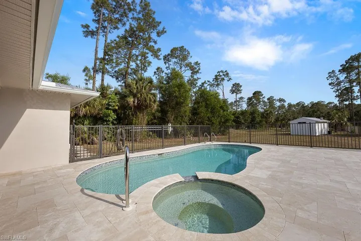 View of swimming pool with a patio and a pool with connected hot tub