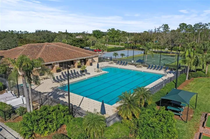 Aerial view of property's location featuring a pool and a large body of water