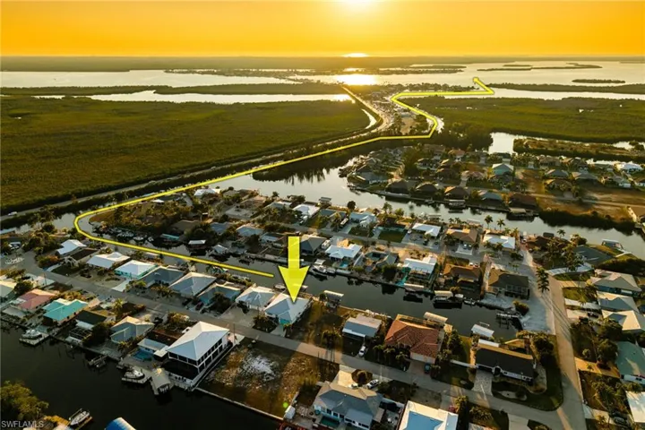 Aerial view at dusk of a water view and a residential view