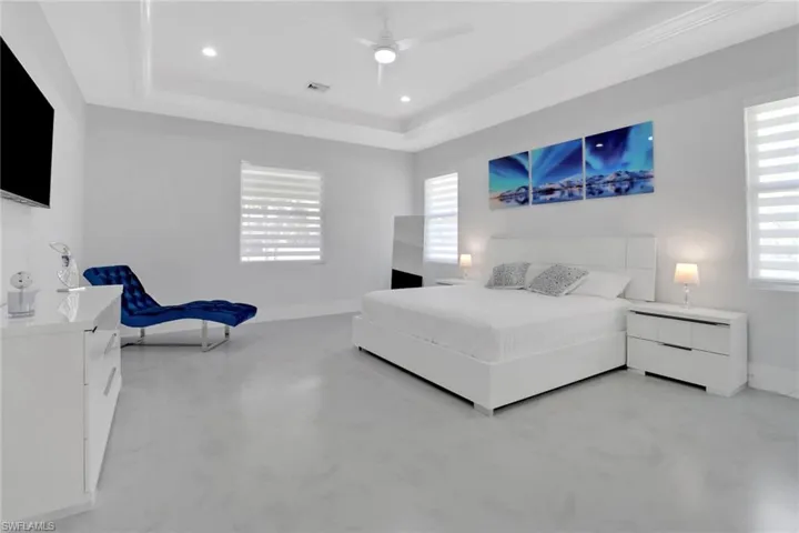 Bedroom with ceiling fan and a tray ceiling