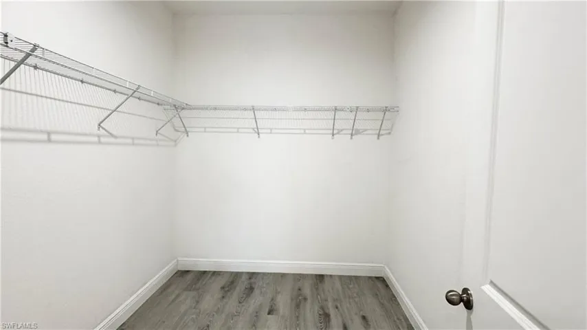 Walk-in closet featuring white painted walls and wood-finish flooring