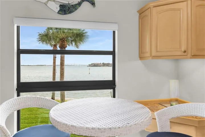 Dining space with a water view