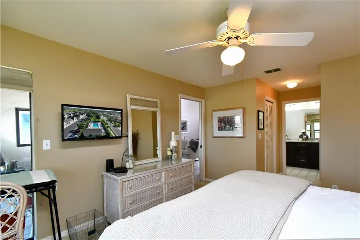 Bedroom featuring a ceiling fan, multiple windows, a closet, and connected bathroom