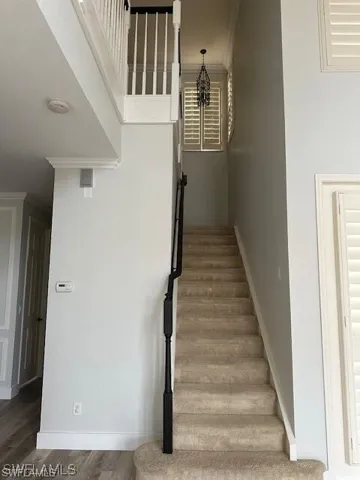 Staircase with crown molding and wood finished floors
