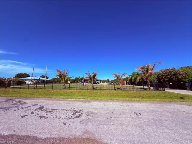 Expansive lot featuring a black metal fence, mature palm trees, and a paved driveway