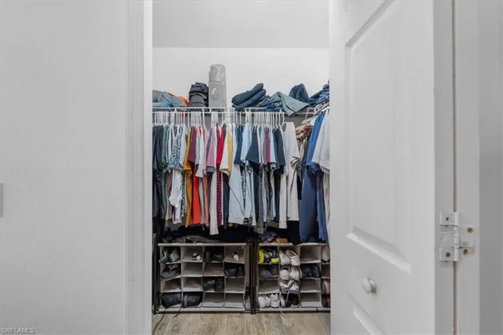Walk in closet with wood finished floors
