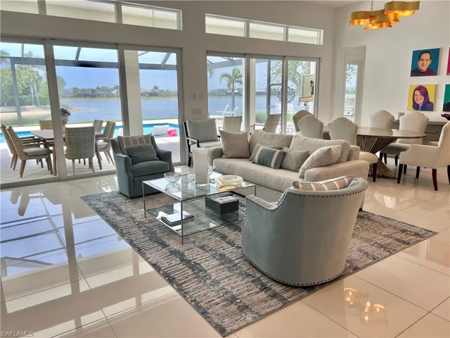 Family room with a pool, lake and sunset view