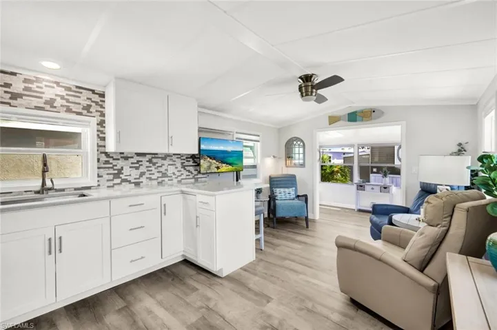 Kitchen and living area are open to one another.