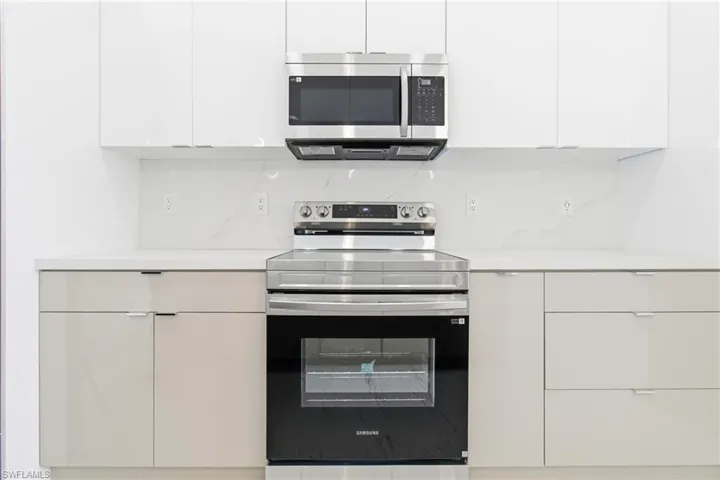 Kitchen featuring white cabinets, stainless steel appliances, and modern cabinets