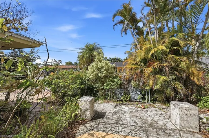 Outdoor patio area featuring a concrete slab surface, surrounded by mature palm trees and lush tropical foliage