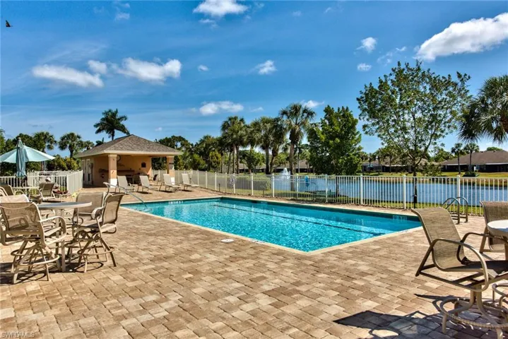 View of pool featuring a water view and a patio