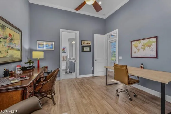 Office space featuring light wood-style flooring, crown molding, and ceiling fan