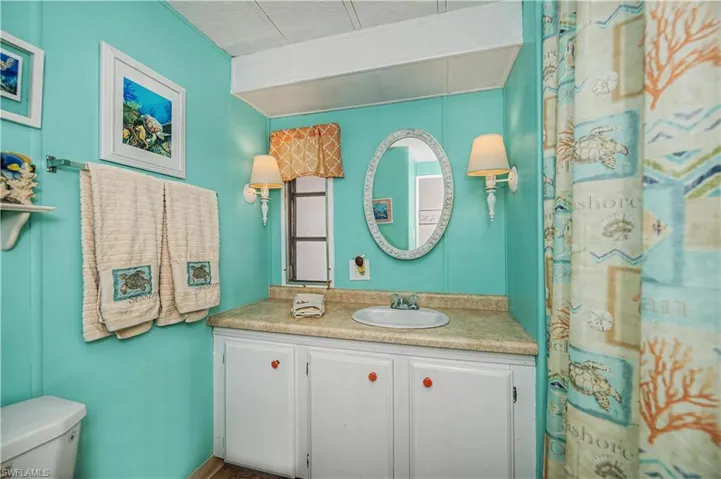 Bathroom featuring vanity and a shower with shower curtain