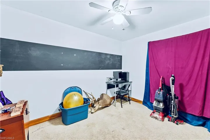 Carpeted bedroom featuring ceiling fan