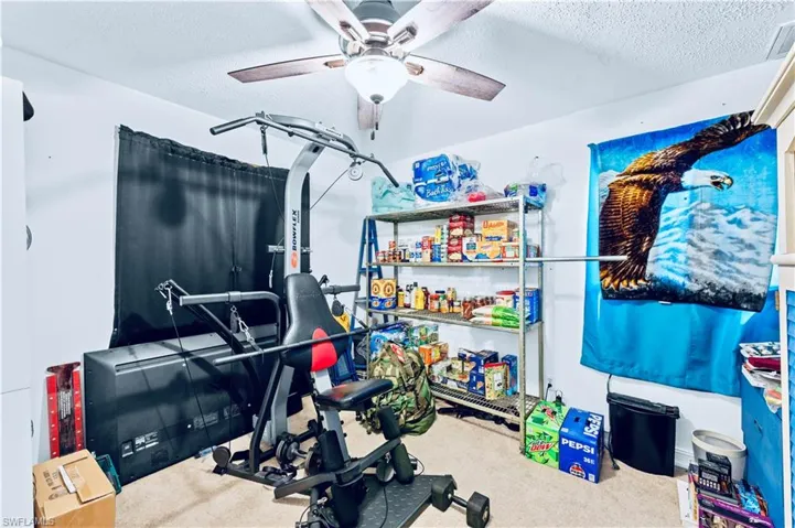 Workout room featuring ceiling fan, carpet floors, and a textured ceiling