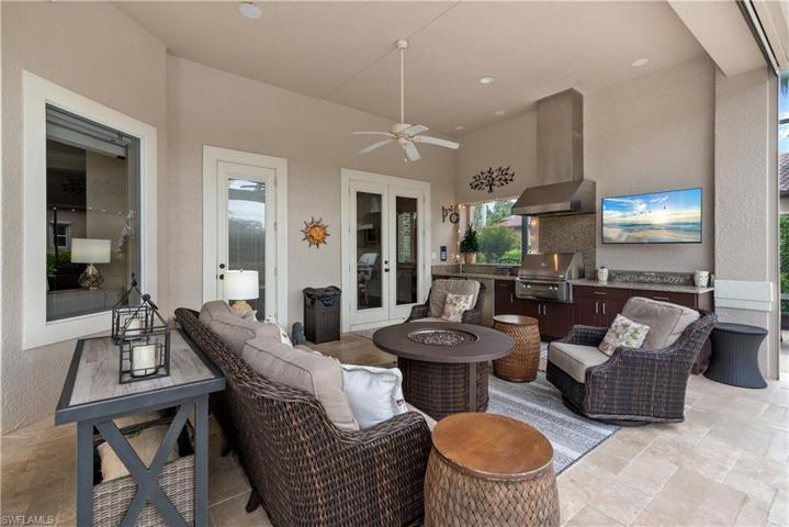 New Summer Kitchen with covered lanai setting area with firepit.