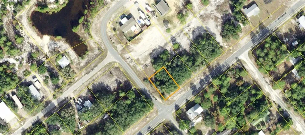Plat Map. Aerial view of the property and surrounding parcels, including roads and a water body