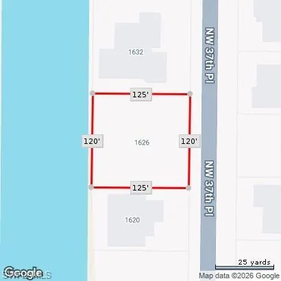 Property Survey Map. Displaying the property's boundaries and dimensions in relation to surrounding parcels and a waterway