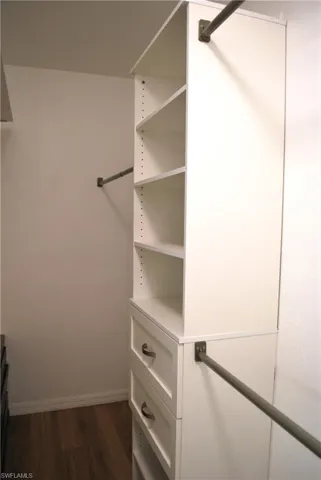 Primary Walk in closet with dark wood-type flooring