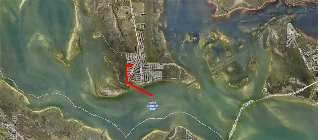 Aerial overview of property's location and short boat access to San Carlos Bay