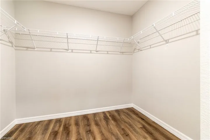 Spacious closet with dark hardwood / wood-style flooring