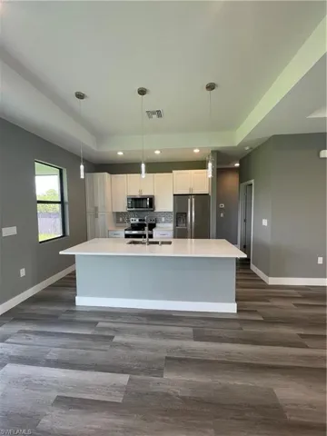 Kitchen featuring a tray ceiling, stainless steel appliances, an island with sink, decorative light fixtures, and dark wood finished floors