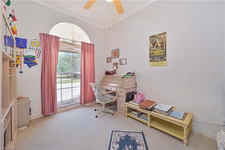 Office with ceiling fan, baseboards, crown molding, and carpet flooring
