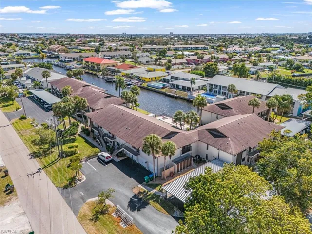Aerial view of residential area with a nearby body of water