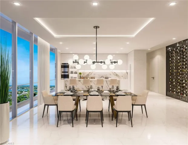 Dining area with a wall of windows