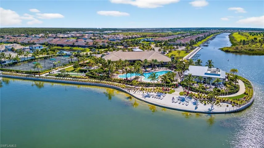 Aerial perspective of suburban area featuring a nearby body of water