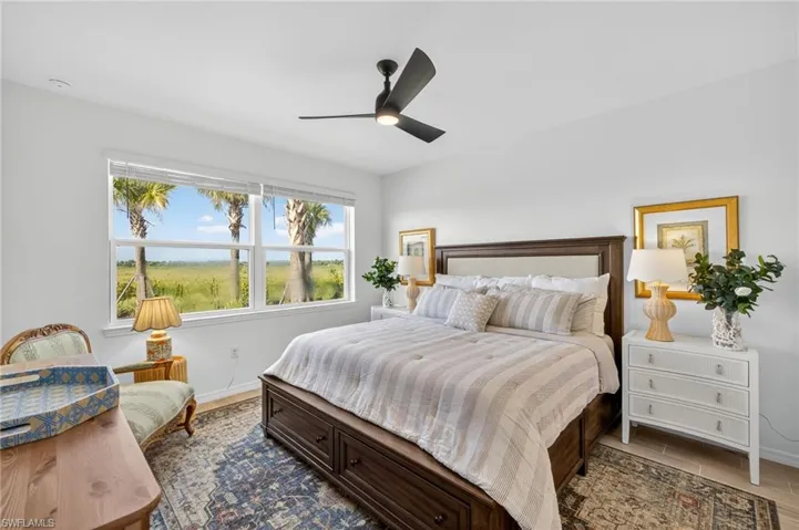 Bedroom featuring wood finished floors and a ceiling fan