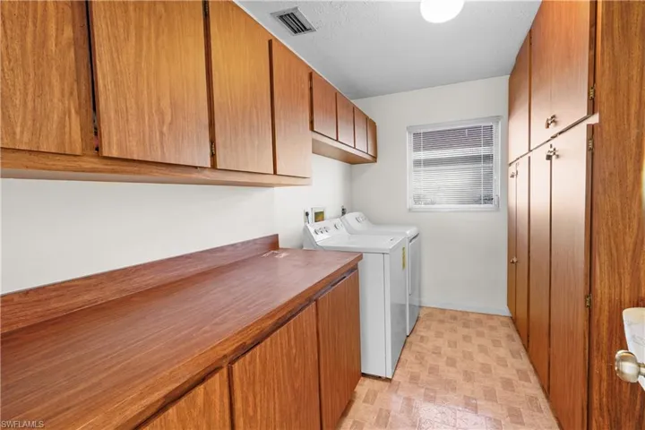 Laundry room with cabinet space, washer and clothes dryer. Large owners storage cabinets have locks.