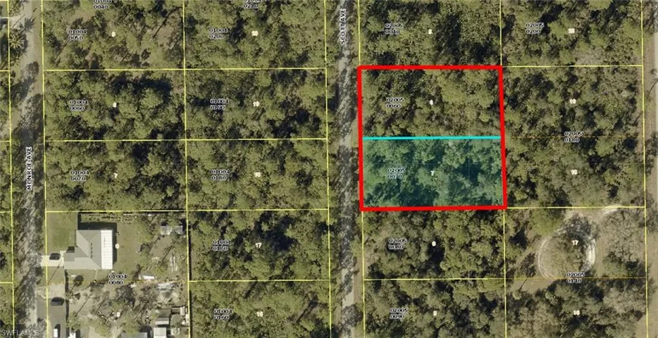 Aerial map of property and surrounding area featuring property parcel outlined