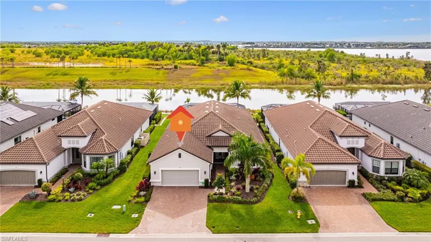Aerial perspective of suburban area with a nearby body of water