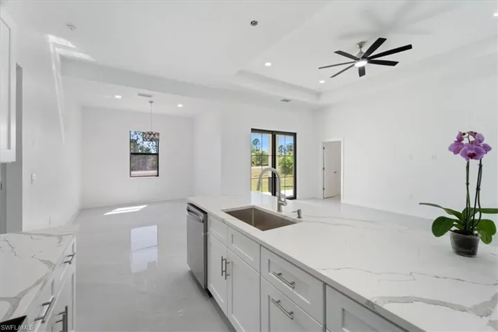Kitchen with a sink, stainless steel dishwasher, open floor plan, white cabinetry, and a raised ceiling