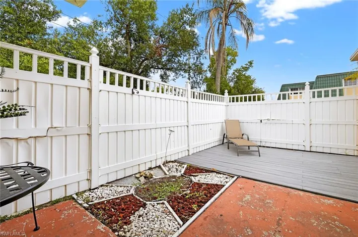 Fenced backyard with a deck