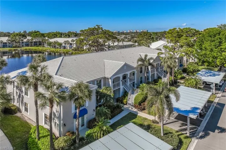 Birds eye view of property with a water view