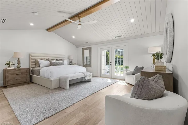Bedroom with light wood finished floors, access to exterior, french doors, a ceiling fan, and recessed lighting
