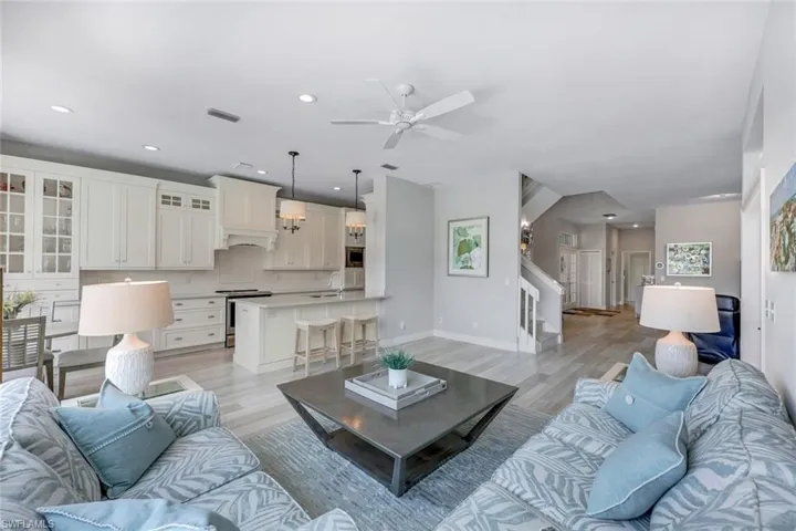 Great room and kitchen are open to one another.