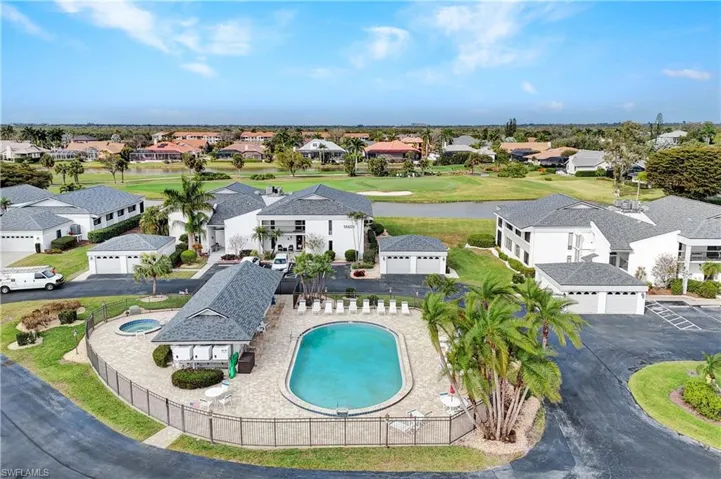 Bird's eye view of community pool and gathering area