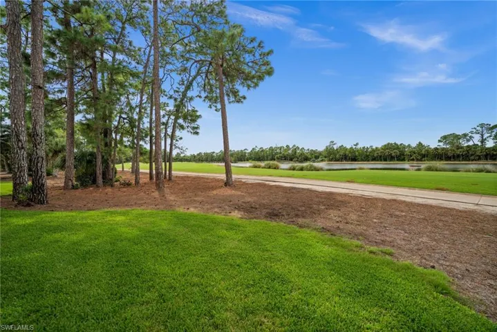 View of community featuring a water view, a yard, and view of scattered trees