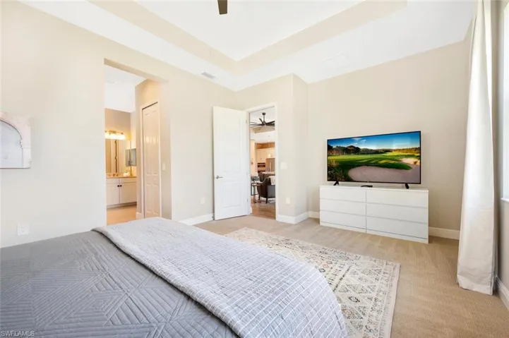 Carpeted bedroom with connected bathroom, a closet, ceiling fan, and a raised ceiling