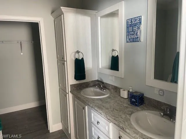 Full bathroom featuring double vanity, dark wood-style floors, and a walk in closet