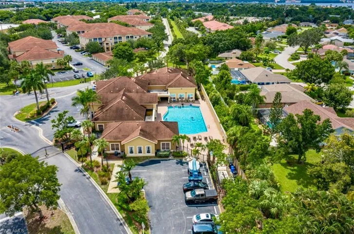 Aerial view of residential area with a pool area