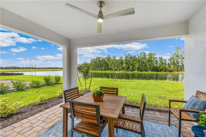 View of patio with a water view