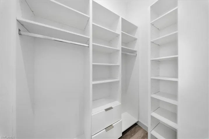 Walk in closet with dark wood-type flooring