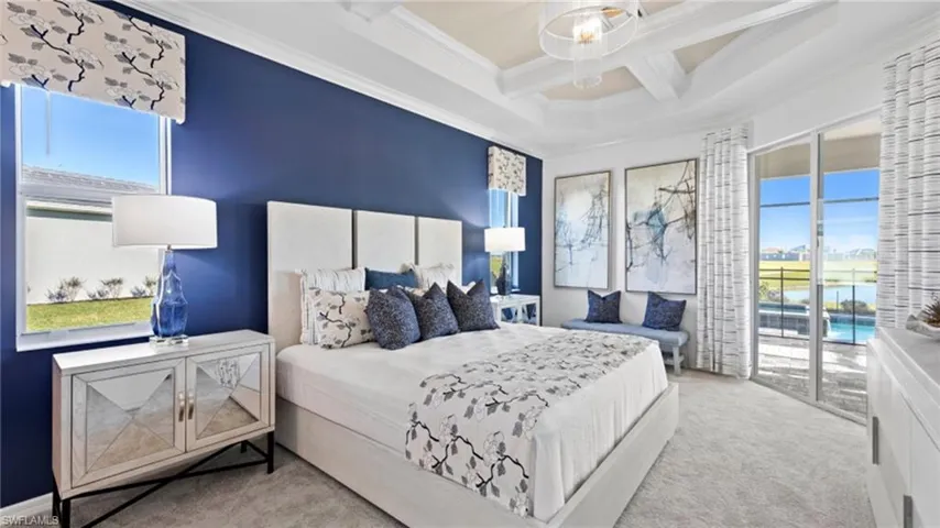 Bedroom featuring coffered ceiling, access to exterior, carpet flooring, beamed ceiling, and ornamental molding