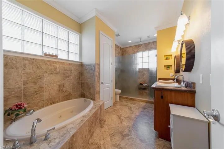 Full bathroom with vanity, a healthy amount of sunlight, ornamental molding, and separate shower and tub