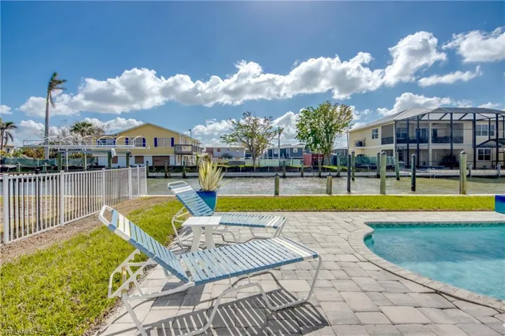 View of swimming pool featuring a patio area and a lawn