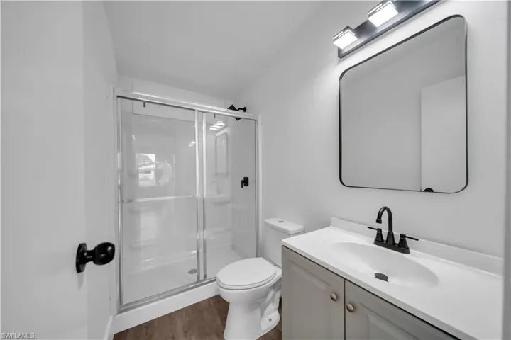 Bathroom featuring a glass-enclosed shower, wood-finish flooring, and a vanity with an integrated sink